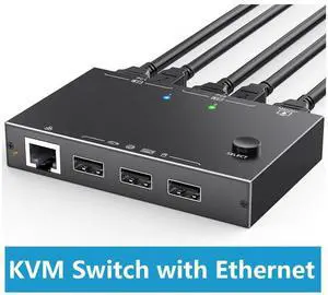 2 Port HDMI KVM Switch with Ethernet, HDMI KVM Switch 2 in 1 Out 4K@60Hz, HDMI KVM Switches for 2 Computers Share 1 Monitor and 3 USB Devices Keyboard Mouse, Ethernet Network KVM Switcher eokCXOY