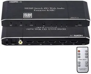 HDMI Switch Audio Extractor, HDMI Switch Splitter 4 Inputs 1 Output with Remote 4K@60hz, 4-Port HDMI2.0b Switcher Box with Optical Toslink SPDIF+Coaxial+3.5mm Audio Out eokCXOY