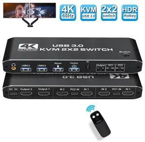 2 in 2 Out 4K HDMI 2.0 KVM Switch with 3.5mm Jack Audio Output, USB 3.0 HDMI KVM Switch 2x2 for 2 Computers and 2 Monitors 4K @60Hz with 3 Display Method, Hot Key Switching, IR Control eokCXOY