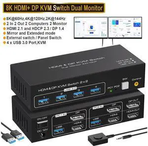 Dual Monitor HDMI + Displayport KVM Switch Support Copy and Extended Display 4k @120hz 8K @60hz USB KVM Switcher 2 in 2 Out for 2 Computers Share 2 Monitor and 4 USB 3.0 Ports with External Controller
