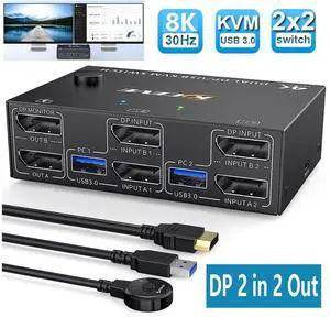 DisplayPort 1.4 KVM Switch Dual Monitor 2 in 2 Out 8K @30Hz 4K@144Hz, DP1.4 USB KVM Switch and 4 USB 3.0 for 2 Computers, Backnward Compatible DP1.2 with DP+USB Cables and Wired Controller eokCXOY