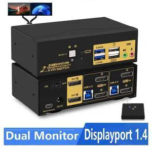 2 Port DP USB 3.0 Dual Monitor Displayport KVM Switch, DP 1.4 8K@30Hz 4K@144Hz Extended Display, DP KVM Switch 2 Computers 2 Monitors with Audio Microphone Output, with Cables and Wired Controller