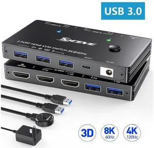 2 Port HDMI KVM Switch 2 in 1 Out, USB 3.0 KVM Switch HDMI 8K@60Hz with 3 USB 3.0 Switch for 2 Computers Sharing 1 Monitor Keyboard Mouse with 2 USB Cables, Power Adapter and Controller eokCXOY