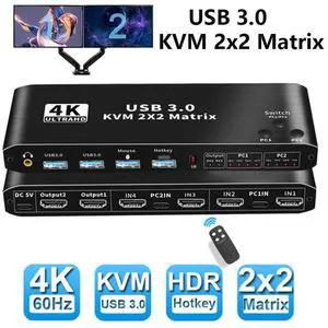 Dual Monitor HDMI KVM Matrix Switch 2x2, USB 3.0 HDMI KVM Switch for 2 Computers 2 Monitors, HDMI KVM Switch 2 in 2 out 4K 60Hz 2x2 Mixed Display for PC laptop Windows, macOS, Linux, and UNIX eokCXOY