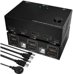 HDMI KVM Switch 2 Monitors 2 Computers, 4K @30Hz Dual Monitor HDMI USB 2.0 Switcher 2 in 2 Out PC Keyboard Mouse KVM Switcher Support Extended And Copy Display eokCXOY