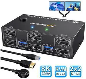 8K USB 3.0 Displayport KVM Switch 2 Computers 2 Monitors, 8K @30Hz 4K @144Hz Dual Monitor Displayport 1.4 KVM Switches 2 in 2 Out with 4 USB 3.0 Port for USB Device, Wired Remote and 4 Cables Included