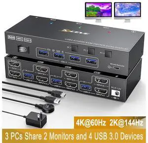Dual Monitor HDMI KVM Switch 3 in 2 Out, USB 3.0 HDMI KVM Switch 2 Monitors 3 Computers 4K@60Hz 2K@144Hz, EDID Emulator, Dual Monitor KVM Switch with 4 USB 3.0 Ports, Wired Remote and Cables Included Dual Monitor HDMI KVM Switch 3 in 2 Out, USB 3.0 HDMI KVM Switch 2 Monitors 3 Computers 4K@60Hz 2K@144Hz, EDID Emulator, Dual Monitor KVM Switch with 4 USB 3.0 Ports, Wired Remote and Cables Included
