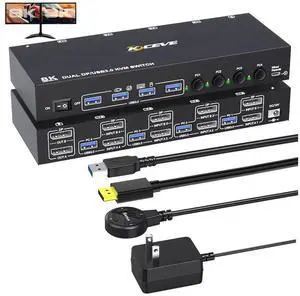 DisplayPort KVM Switch 4 PC 2 Monitors 8K@30Hz 4K@144Hz, Dual Monitor DP1.4 Displayport KVM Switch DP Monitor Switch with 4 USB 3.0 Ports for 4 PC/Laptops, with DP+USB Cable and Desktop Controller