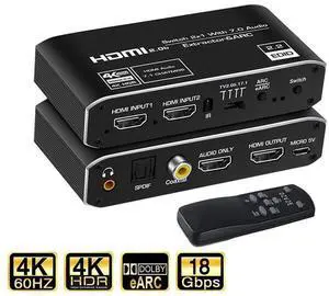 HDMI Splitter Audio Extractor with Remote Control , 4k@60Hz 2 in 1 out with Optical Toslink SPDIF + Coaxial + 3.5mm Audio Out Supports Auto Scaling, HDCP2.3, HDMI2.0b eokCXOY