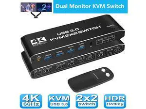 2x2 HDMI USB 3.0 KVM Switch 4K @60Hz, 2 Port Dual Monitor HDMI KVM USB 3.0 Switch 2 in 2 Out with Audio, 2x2 Mixed Display for 2 Computers Share 2 Monitors with USB 3.0 port, Support Hotkey eokCXOY