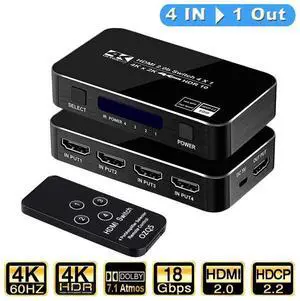 4K 60Hz HDMI Switch, 4K@60Hz HDMI Switcher (4 input 1 Output) with Remote Control, Auto Switch, HDMI 2.0, HDCP 2.2, HDR, Full HD, 3D for PS5/PS4/Xbox/Roku/Apple TV - OZQ5 eokCXOY