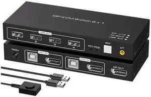 2 Port Displayport KVM Switch 4K @60Hz, USB 2.0 DP 1.2 DP KVM Switches for 2 PC 1 Monitor Switch, DP KVM Switch 2 in 1 Out Support Wire-Desktop Controller Including 2 USB 2.0 Cable eokCXOY
