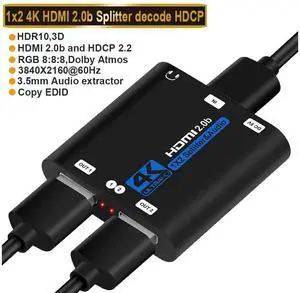 4K@60Hz HDMI Splitter 1x2, HDMI Splitter 1 in 2 Out for Dual Monitor, Supports Auto Scaling, HDCP 2.2, HDMI 2.0b, RGB 8:8:8, HDR 10, 3D for Xbox PS4/5 Fire Stick Cable Box eokCXOY 4K@60Hz HDMI Splitter 1x2, HDMI Splitter 1 in 2 Out for Dual Monitor, Supports Auto Scaling, HDCP 2.2, HDMI 2.0b, RGB 8:8:8, HDR 10, 3D for Xbox PS4/5 Fire Stick Cable Box eokCXOY