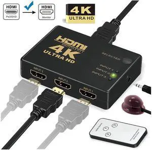 3 Port HDMI Switch, hdmi Switch with Remote for Nintendo Switch, PS3/PS4, Xbox and Fire Stick, HDMI Switches Support 1080P, 3D and 4K@30hz, hdmi selector Switch with Power Adapter eokCXOY