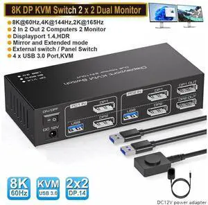 8K Displayport Dual Monitor KVM Switch for 2 Monitors 2 Computers 4K@120Hz USB 3.0 KVM Switcher 2 PC or Laptops Share 1 Set of Keyboard Mouse Printer and Scanner Support Extended & Duplicate Mode