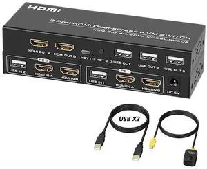 Dual Monitor HDMI KVM Switch 2 Port 4K @60Hz, USB HDMI Extended Display Switch for 2 Computer Share 2 Monitor and 3 USB 2.0 Device Keyboard Mouse, Desktop Controller and USB Cables Included eokCXOY