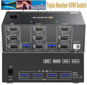 2 Displayport + HDMI 3 Monitor KVM Switch USB 3.0, 8K @60Hz 4K@144Hz Triple Monitor KVM Switch for 2 Computer Share 3 Monitor and 4 USB 3.0 Port Keyboard Mouse, Wired Remote and 5 Cables Included