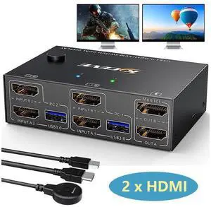 Dual Monitor HDMI KVM Switch 2 in 2 Out 4K@60Hz 2K@144Hz, EDID Emulator, USB 3.0 HDMI KVM Switch for 2 Computers Share 2 Monitors and 4 USB 3.0 Ports,Wired Remote and Cables Included eokCXOY