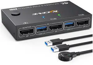 USB 3.0 KVM Switch Displayport 4K@144Hz, 2 Port Displayport KVM Switch for 2 PCs 1 Monitor 8K@30Hz, DP KVM Switch 2 in 1 Out for 2 PC Share 4 USB 3.0 Device Keyboard Mouse Monitor with Wired Remote