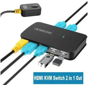 2 Port 4K HDMI KVM Switch Box, USB and HDMI KVM Switch for 2 Computers Share Keyboard Mouse Printer and one HD Monitor, Support UHD 4K @30Hz, with Remote Controller and 2 HDTV KVM Cables eokCXOY