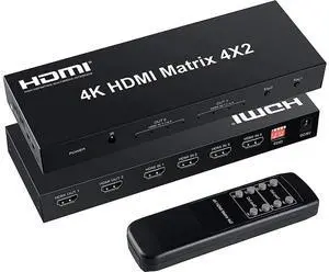 4x2 HDMI Matrix Switch,4 in 2 Out Matrix HDMI Video Switcher Splitter +Optical & L/R Audio Output, Support Ultra HD 4K x 2K,3D 1080P, Audio EDID Extractor with IR Remote Control & Power Adapter