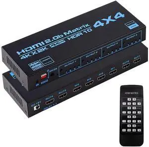 HDMI Matrix 4X4, 4K UHD HDMI 4 In 4 Out Matrix HDMI 2.0 Matrix Switcher 4x4 Ports 4K @60Hz Support 4K Dolby Vision HDR HDCP 2.2 Support Remote Control eokCXOY
