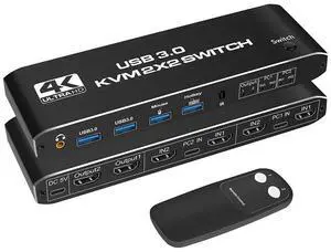 KVM Switch 2 Monitors 2 PCs, 4K@60Hz HDMI KVM Switch with Audio, Keyboard Video Mouse Peripherals Display Port Switcher, UHD Support, USB 3.0 Hub, Hotkeys eokCXOY