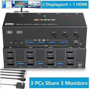 2 Displayport + 1 HDMI USB 3.0 KVM Switch 3 Monitors 3 Computers, 8K@60Hz,4K@144Hz Triple Monitor KVM with 4 USB 3.0 Ports, KVM Triple Monitor Keyboard Mouse Switcher,Included Wired Remote&USB Cables