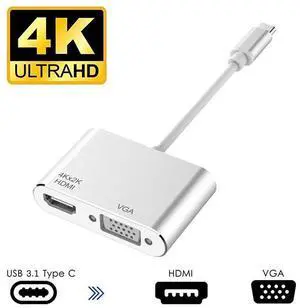 USB C to 4K HDMI VGA Adapter , 2-in-1 Type C Hub with 4Kx2K HDMI, 1080P VGA Compatible for Nintendo Switch/MacBook Pro/iPad Pro/ Samsung Galaxy/Dell XPS-Silver eokCXOY