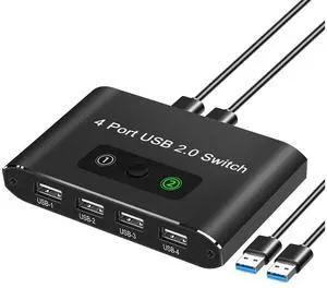 USB 2.0 Switch 2 in 4 Out, KVM USB Switcher 2 Computers Share 4 USB Port Selector Box for Keyboard, Mouse, Printer, U-Disk, One-Button Swapping with 2 USB A Cable Compatible with Mac/Windows/Linux