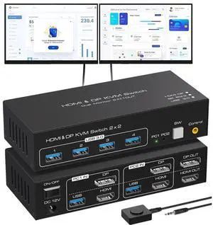 2 Port Dual Monitor DisplayPort HDMI KVM Switch 8K @60Hz, 4K @120Hz, USB 3.0 DP+HDMI KVM Switcher 2 in 2 Out for 2 Computers 2 Monitors with 4 Ports USB 3.0 Support Copy and Extended Display eokCXOY