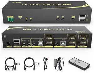 4K HDMI KVM Switch 2 in 2 Out Dual Monitor Extended Display 4K @60Hz 4:4:4 with Audio and USB 2.0 Hub Sharing PC Monitor Keyboard Mouse Switcher; supports RS232, Remote control, Hotkey eokCXOY