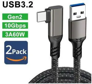 2-Pack USB A to USB C Cable Right Angle 1.6FT, USB 3.1/3.2 10Gbps Data Transfer and 60W 3A Fast Charging Long Cable for Android Auto Samsung, VR Link External, SSD and Other USB to Type C Device