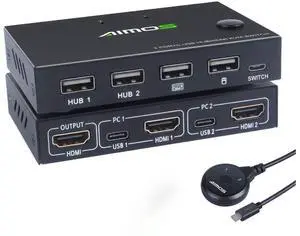 KVM Switch, USB Switch 4K HDMI Switcher Box 2 In 1 Out For 2 Computers Share Keyboard And Mouse Support 4K @30Hz, Not support Hotkey, With HUB Ports