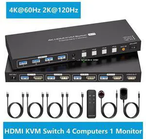 HDMI KVM Switch for 4 Computers 1 Monitor 4K@60Hz 2K@120Hz, 4 Port HDMI KVM Switches For 4 PCs Share 4 USB Devices Like Keyboard Mouse Printer etc. With Remote Controller & USB Cables, Power Adapter HDMI KVM Switch for 4 Computers 1 Monitor 4K@60Hz 2K@120Hz, 4 Port HDMI KVM Switches For 4 PCs Share 4 USB Devices Like Keyboard Mouse Printer etc. With Remote Controller & USB Cables, Power Adapter