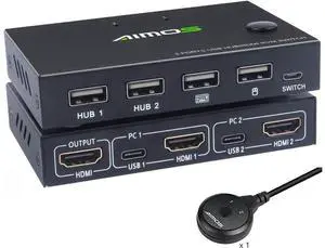 KVM Switch HDMI 2 Port Box, AIMOS USB and HDMI Switches 4 USB Hub, UHD 4K@30Hz, for 2 Computers Share Keyboard Mouse and one HD Monitor, Not support Hotkey, With HUB Ports eokCXOY