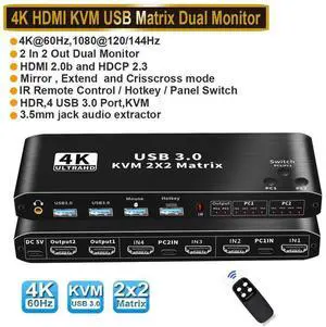2x2 HDMI KVM Switch Matrix, 4K Dual Monitor HDMI KVM Switch Extended Display USB KVM Switch 2 in 2 Out for 2 Computers 2 Monitors with 3.5mm Audio, Support 4 USB 3.0 Share Keyboard Mouse with Hotkey