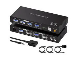 Displayport KVM Switch 2 PC 1 Monitor USB 3.0DP KVM Switcher 2 Port Two Computers to Share 4 USB Peripherals Support 8k 60hz 4k 120hz DP 1.4 Switches Includes Desktop Controller And Power Adapter