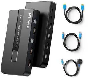 2 Port HDMI KVM Switcher 2 in 1 Out, USB HDMI Switch 4K @60Hz for 2 Computers Share Keyboard Mouse Printer and HD Monitor, 2 USB Cable, 2 HD-MI Cable and Desptop controller Included eokCXOY