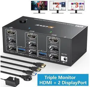 KVM Switch 3 Monitors 2 Computers 8K@60Hz 4K@144Hz, HDMI + 2 Displayport Triple Monitor KVM Switch for 2 Computer Share 3 Monitor and 4 USB 3.0 Port Keyboard Mouse,Wired Remote and USB Cables Included