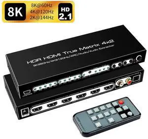 8K 4x2 HDMI Matrix, 4 in 2 Out HDMI 2.1 Matrix HDMI Video Switcher Splitter + Optical & L/R Audio Output,Support 4K @120Hz,HDR10 HDCP2.3 Do-l-by Vision Atmos SPDIF 5.1CH ARC with IR Remote Control