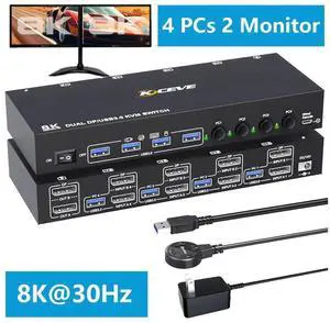 Displayport KVM Switch 4 Computers 2 Monitors 8K@30Hz 4K@144Hz, Dual Monitor DP KVM Switch for 4 Computers Share 2 Monitor and 4 USB 3.0 Port Keyboard Mouse,Wired Remote and USB Cables Included