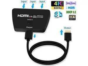 HDMI Switch 4K@60Hz, 3 in 1 Out HDMI Switch, 3 Port HDMI Switcher Box with HDMI Cable, Supports 4K, 1080P, 3D, HDMI 2.0, HDR, Compatible with Fire Stick 4K, HDTV, PS4/5, Game Consoles, PC eokCXOY