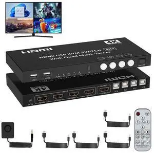 HDMI KVM Switch 4 Ports 4K@30Hz, HDMI Multi-viewer 4x1 Switch for 4 Computers 1 Monitor, 4 in 1 Out HDMI Quad Seamless Switch, HDMI KVM Switcher with Hotkey Switch Button Switch and IR Remote eokCXOY