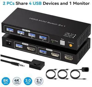 2 Port HDM KVM Switch 2 PC 1 Monitor Support 8K@60Hz 4K@120Hz, USB 3.0 HDMI KVM Switch Shares 1 Monitor and 4 USB Devices, Such as Mouse, Keyboard, Includes 2 USB 3.0 Cables and a Wired Controller