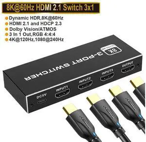 8K 60Hz 4K120Hz 48Gbps HDMI Switch 3 in 1 OutHDMI 2.1 HDCP2.33D HDR 10 Dolby Atmos Compatible with PS5, Computer Graphics Card, Player, etc. (4Port) eokCXOY