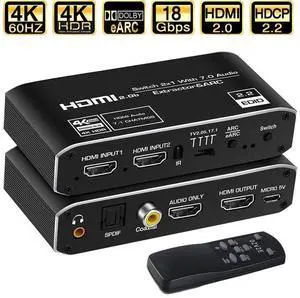 HDMI Audio Extractor, 2x1 HDMI Switch to HDMI + Optical Toslink SPDIF + 3.5mm Audio Jack + Coaxial + 7.1Ch HDMI Audio Support ARC and eARC Function for Apple TV PS4 eokCXOY