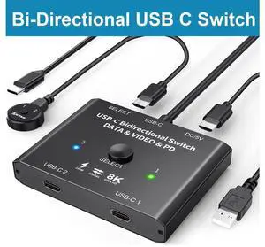 USB C Switch 2 in 1 Out or 1 in 2 Out, Bi-Directional USB Type C KVM Switch Support 8K @60Hz 4K @120Hz Video/10Gbps Data Transfer/100W Charging,Compatible with Thunderbolt Device eokCXOY