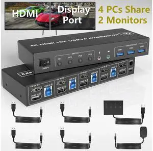 USB 3.0 HDMI + Displayport KVM Switch 2 Monitors 4 Computers, 4K@60Hz Dual Monitor KVM Switch with Audio Microphone Output and 3 USB 3.0 Ports, 4 Port HDMI+DP Monitor Switch for 4 PCs 2 Monitors