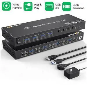 4 Port USB 3.0 HDMI KVM Switch Support 4K@60Hz 2K@120Hz RGB 4:4:4 Simulation EDID, HDMI Switch 4 in 1 Out with 4 USB 3.0 Port for Keyboard Mouse Printer,with Controller, USB3.0 Cables and HD-MI Cables
